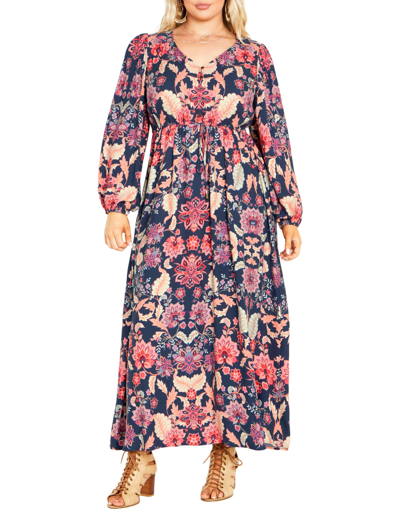 Front of a model wearing a size 20 MAXI ERICA in Fantasy by avenue. | dia_product_style_image_id:318020
